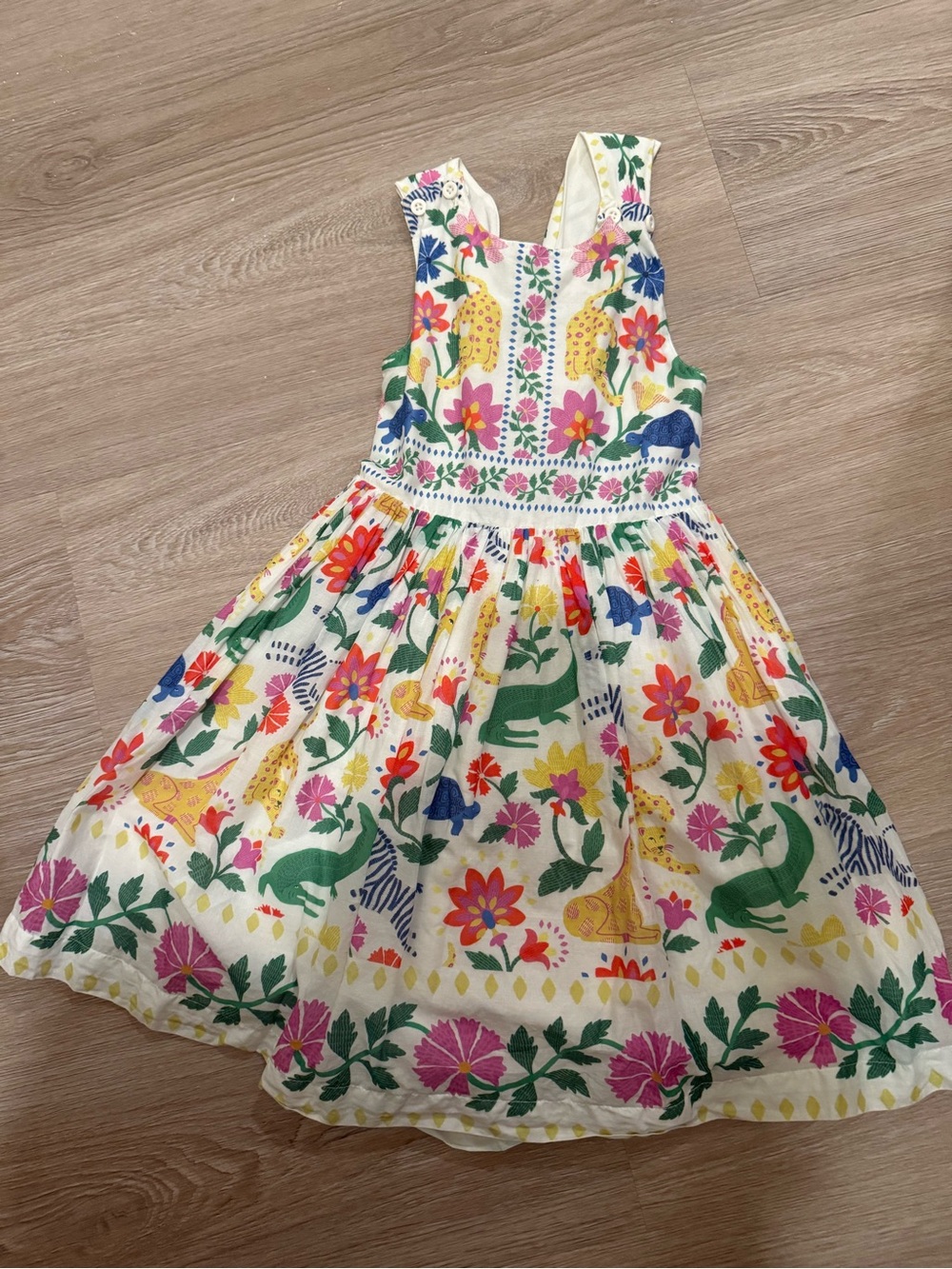 Mini Boden Kids White Floral & Animal Print Cotton Dress with Multicolor Accents